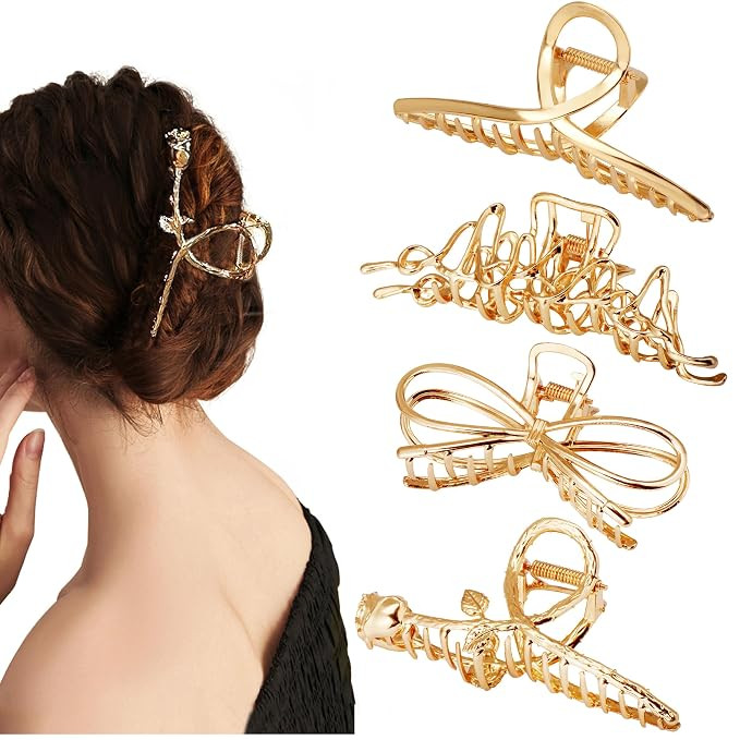 Parcce 4 Pack Large Metal Hair Clips for Thin to Thick Curly Hair, 4.3 Inch Big Nonslip Gold Colo... | Amazon (US)