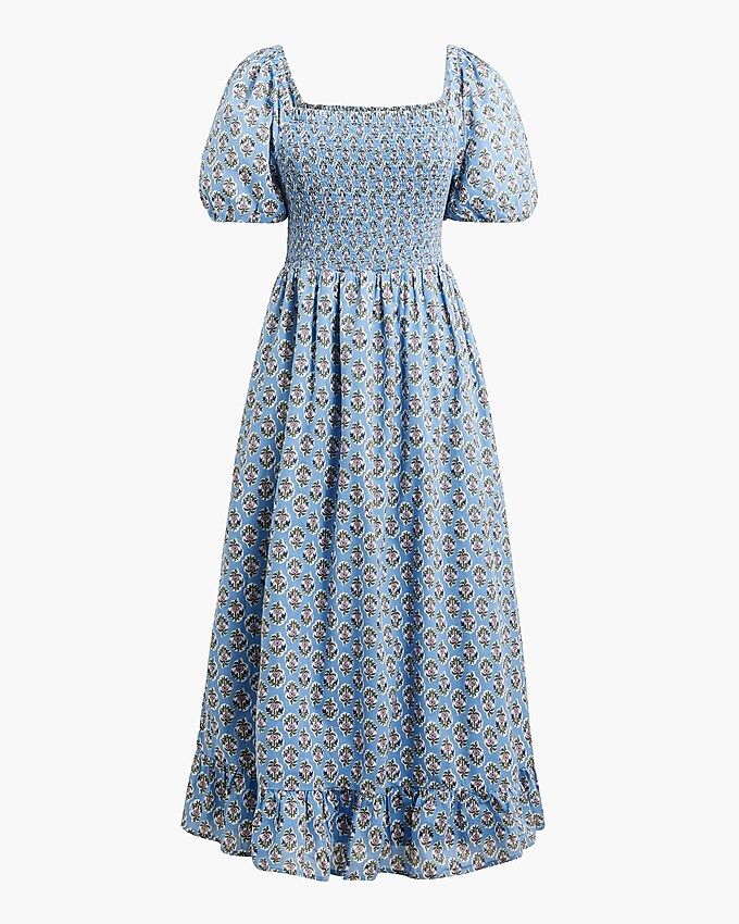 Block-print smocked midi dress with puff sleeves | J.Crew Factory