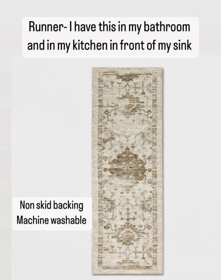 The runner I have in my master bathroom and also have a second runner  I  rotate in my kitchen - has a nonskid backing, machine washable. Beautiful vintage feel and neutral colors 

#LTKSeasonal #LTKhome #LTKfindsunder50