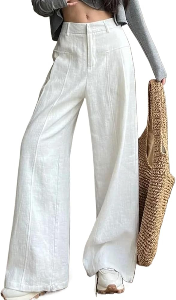 Cotton Linen Wide Leg Pants Women Summer High Waist Straight Leg Loose Office Suit Trousers | Amazon (US)