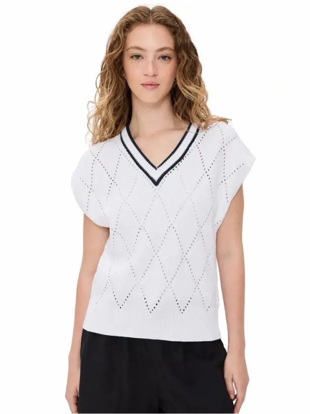 Varley Beaton White V-Neck Sweater Vest with Navy Trim | Poshmark