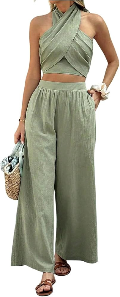 WDIRARA Women's 2 Piece Outfits Criss Cross Crop Halter Top Wide Leg Pants Set Vacation Outfits | Amazon (US)