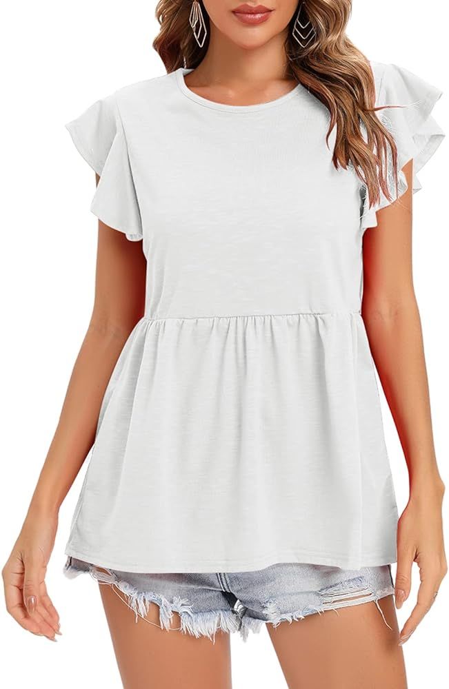 Women's Babydoll Tops Ruffle Short Sleeve T Shirt Summer Pleated Peplum Blouse Loose Fit Tunic Ta... | Amazon (US)