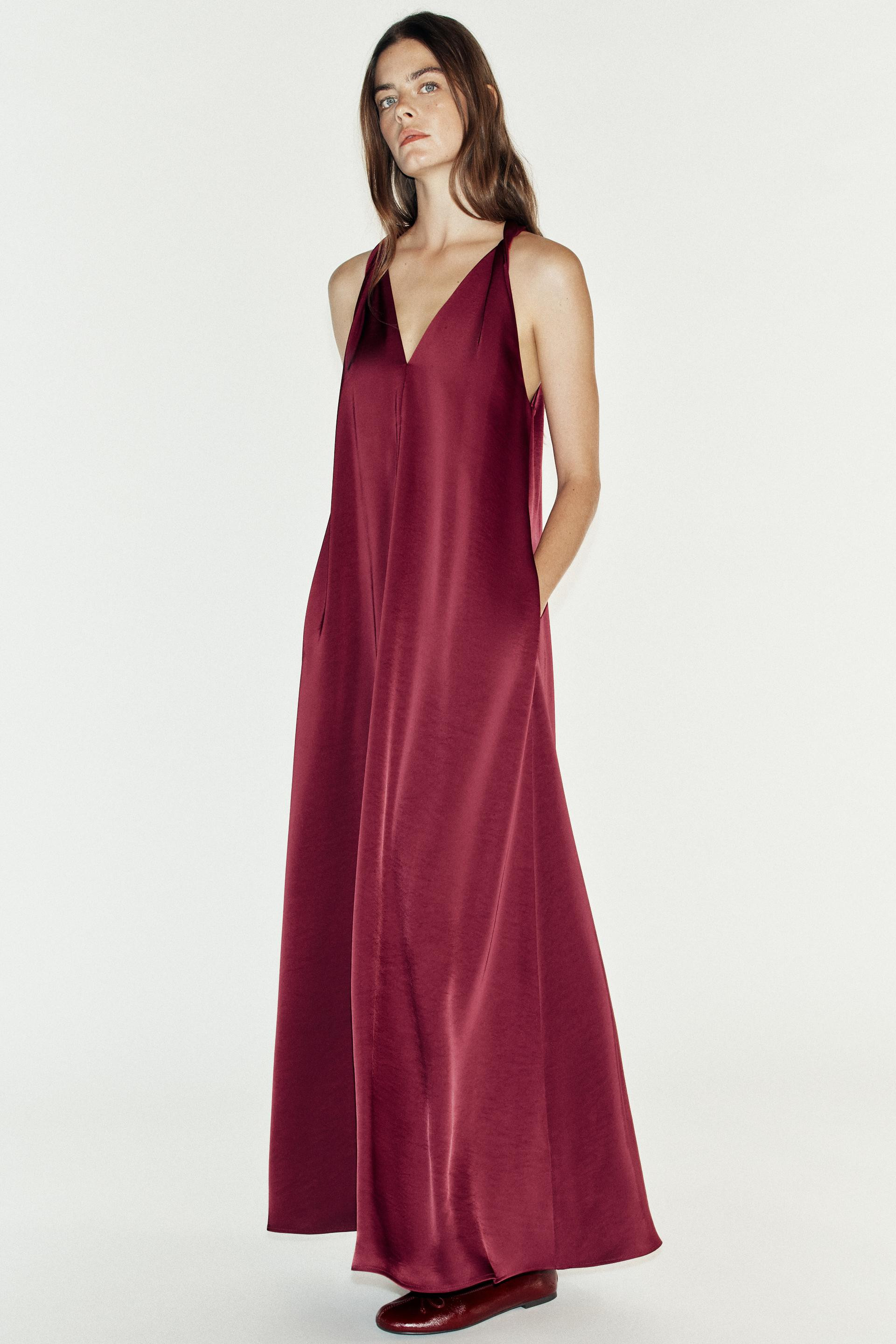 Zara - Satin Maxi Dress - Burgundy - S - Woman | Zara US