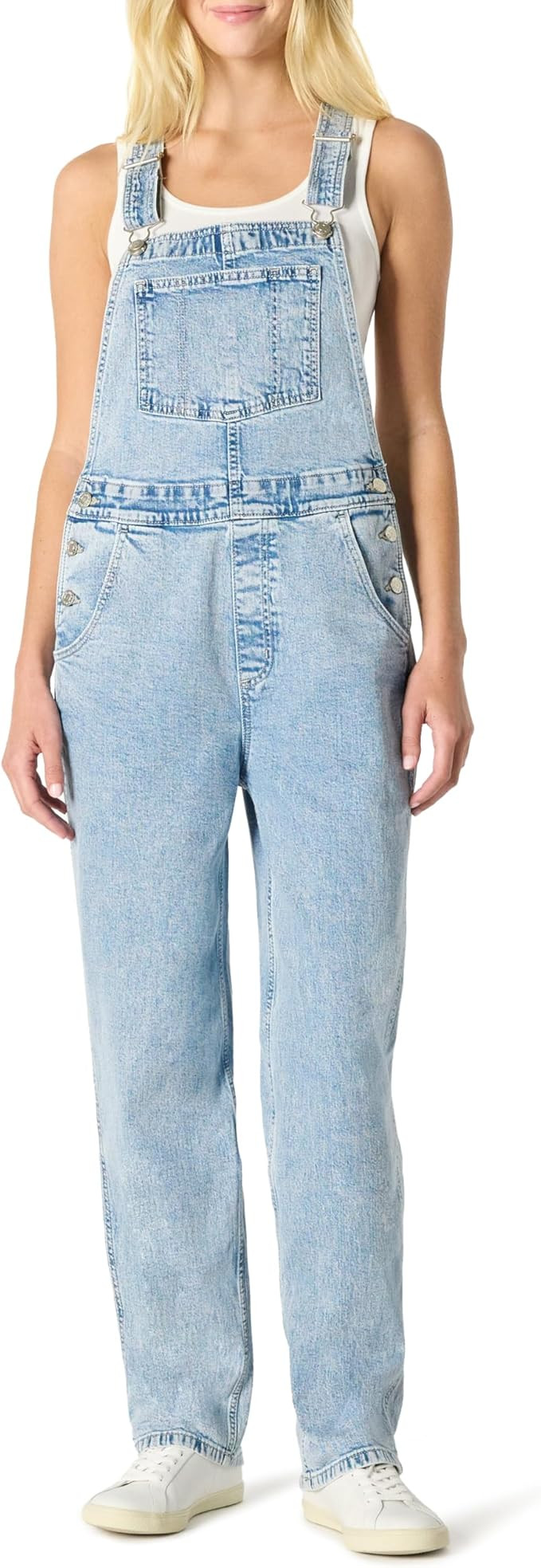 Amazon Essentials Women's Medium Stretch Denim Relaxed-Fit Straight Leg Overalls | Amazon (US)
