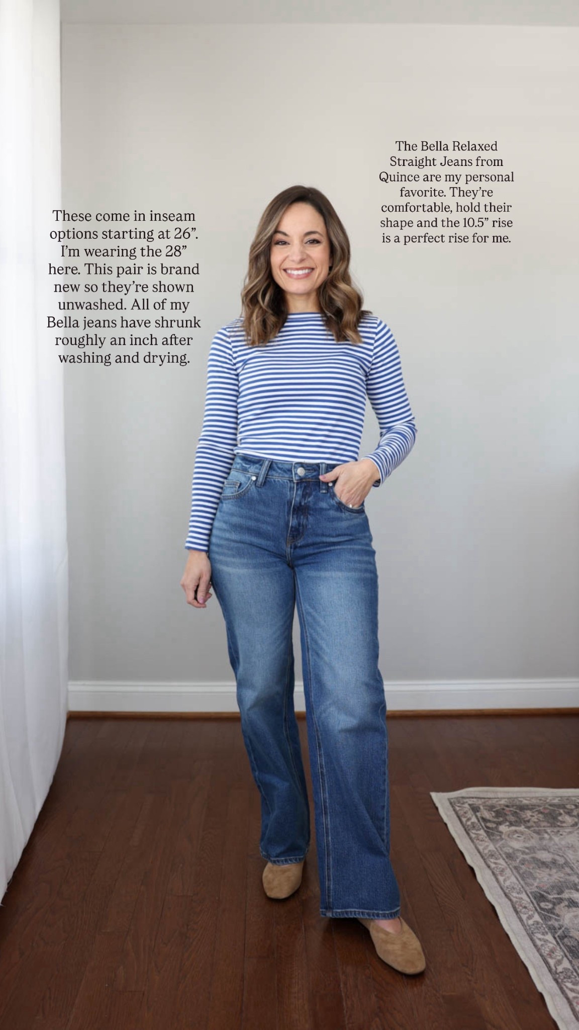 Light wash jeans for petites!

Bella Relaxed Straight Jeans (Quince): 24 x 28” - tts in atlantic blue 
10.5” rise/ inseams start at 26” and the jeans typically shrink in length in the wash. 

Top (Madewell): xxs 

#LTKPetite