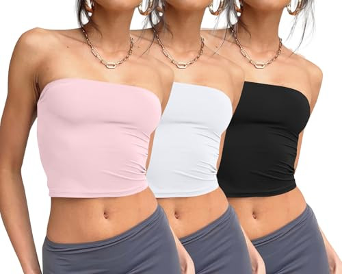 Trendy Queen Womens 3 Pack Summer Tube Tops Crop Going Out Strapless Basic Backless Bandeau Bustier Beach Outfits Black White Pink M | Amazon (US)