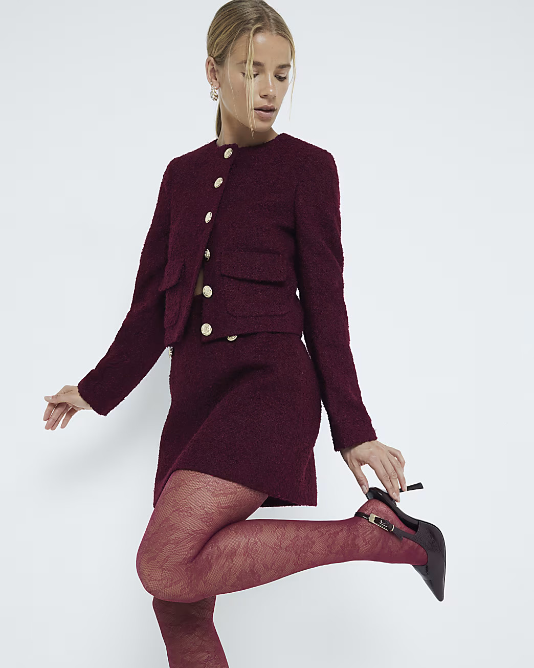 Red cropped boucle jacket | River Island (UK & IE)