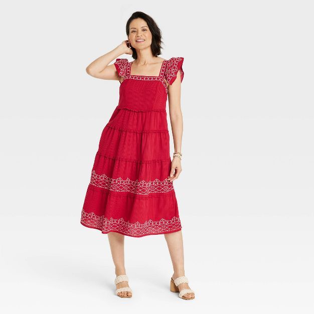 Women&#39;s Ruffle Short Sleeve Embroidered Tiered A-Line Dress - Knox Rose&#8482; Red XS | Target