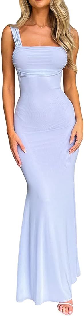 Yuemengxuan Maxi Dress for Women Floral Lace Edge Sexy Satin Dress Square Neck Strap Bodycon Dres... | Amazon (US)