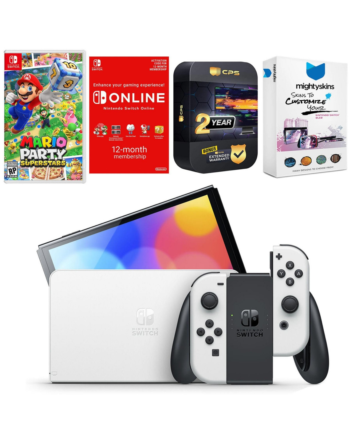 Nintendo Switch White Oled Console with Mario Party Superstars, Nso 12 Month Family Membership, MightySkins Console and Controller Skin Voucher, and 2 | Macy's