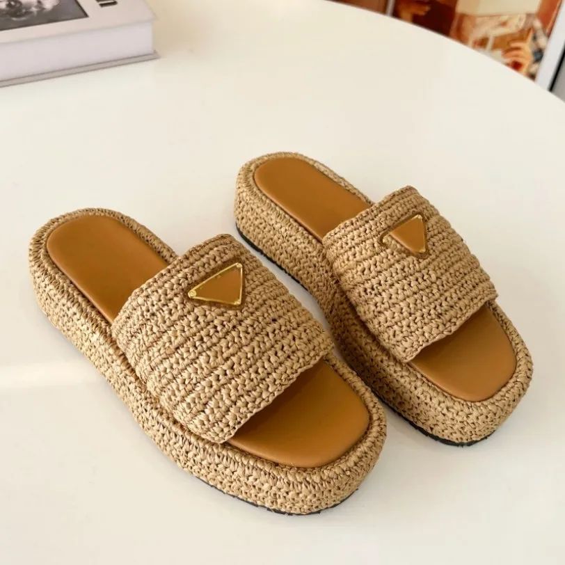 Women Ladies Platform Slippers Raffia Straw Sandal Made in Italy Triangle Buckle Mules Thick Bott... | DHGate