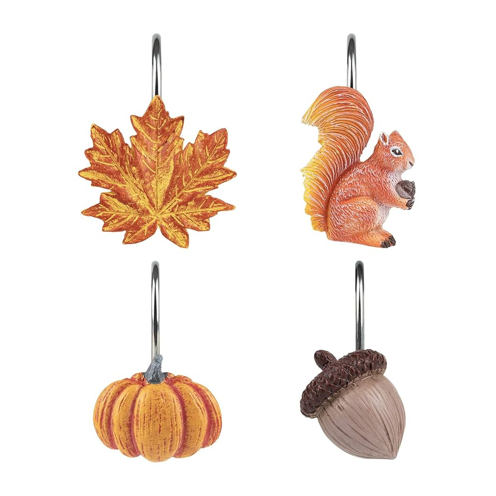 Sunlit Fall Autumn Decorative Shower Curtain Hooks, Pumpkin Maple Leaf Squirrel Acorn Shower Curt... | Amazon (US)