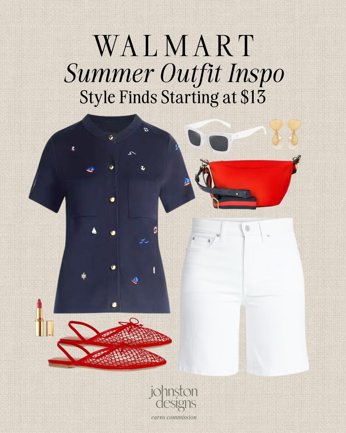 Walmart summer outfit inspo with nautical details, crisp white shorts and bold red accessories. 🇺🇸

Walmart summer outfit, nautical summer style, navy button front top, white denim shorts, red mesh flats, red crossbody bag, white sunglasses, gold shell earrings, affordable Walmart fashion, casual warm weather outfit, Fourth of July look, red white blue outfit, summer weekend style, budget friendly fashion finds 

 #LTKootd #LTKSeasonal