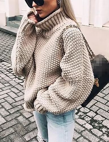 Women's Sweater Pullover Jumper Knitted Solid Color Basic Casual Chunky Long Sleeve Loose Sweater... | Lightinthebox