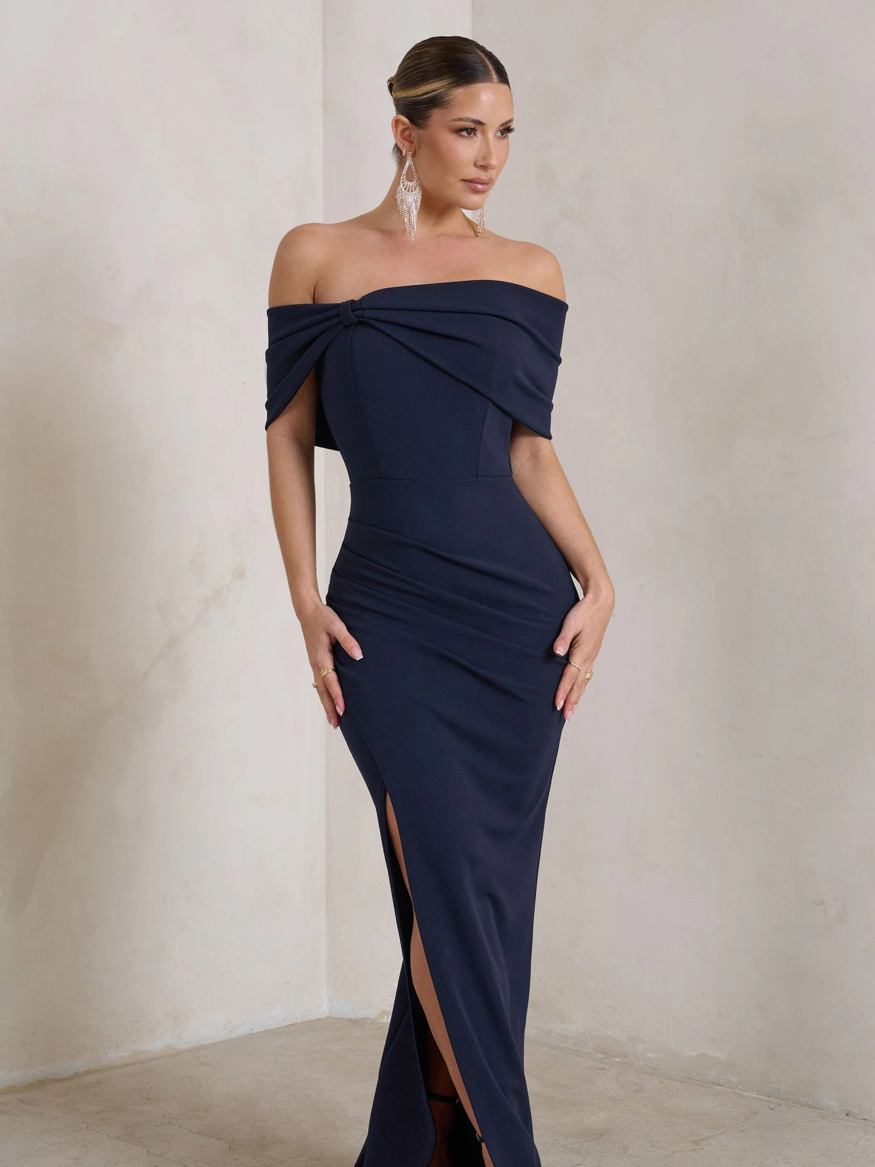 Club L London Club L London Blue Eva Bardot Bow Detail Maxi Dress With Thigh Split | Next US