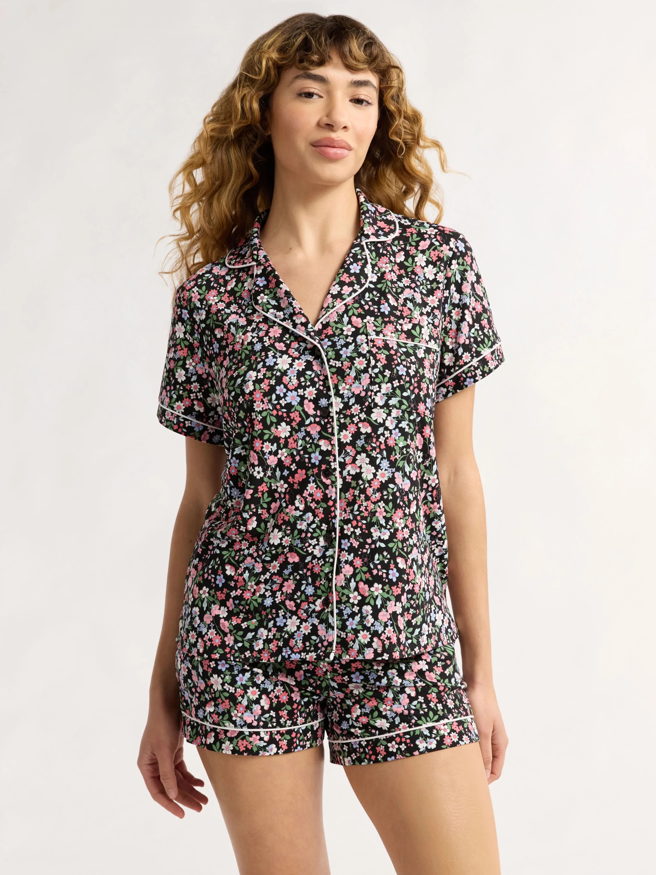 Joyspun Women’s and Women’s Plus Knit Notch Collar Top and Shorts Pajama Set, 2-Piece, Sizes ... | Walmart (US)