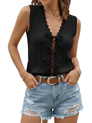 JATEBI Crochet Tops for Women Tie Front Tank Top Ruffled Edge Hollow Knit Sleeveless V Neck Summer Beachwear Vacation Cover Up (Black,Medium) | Amazon (US)
