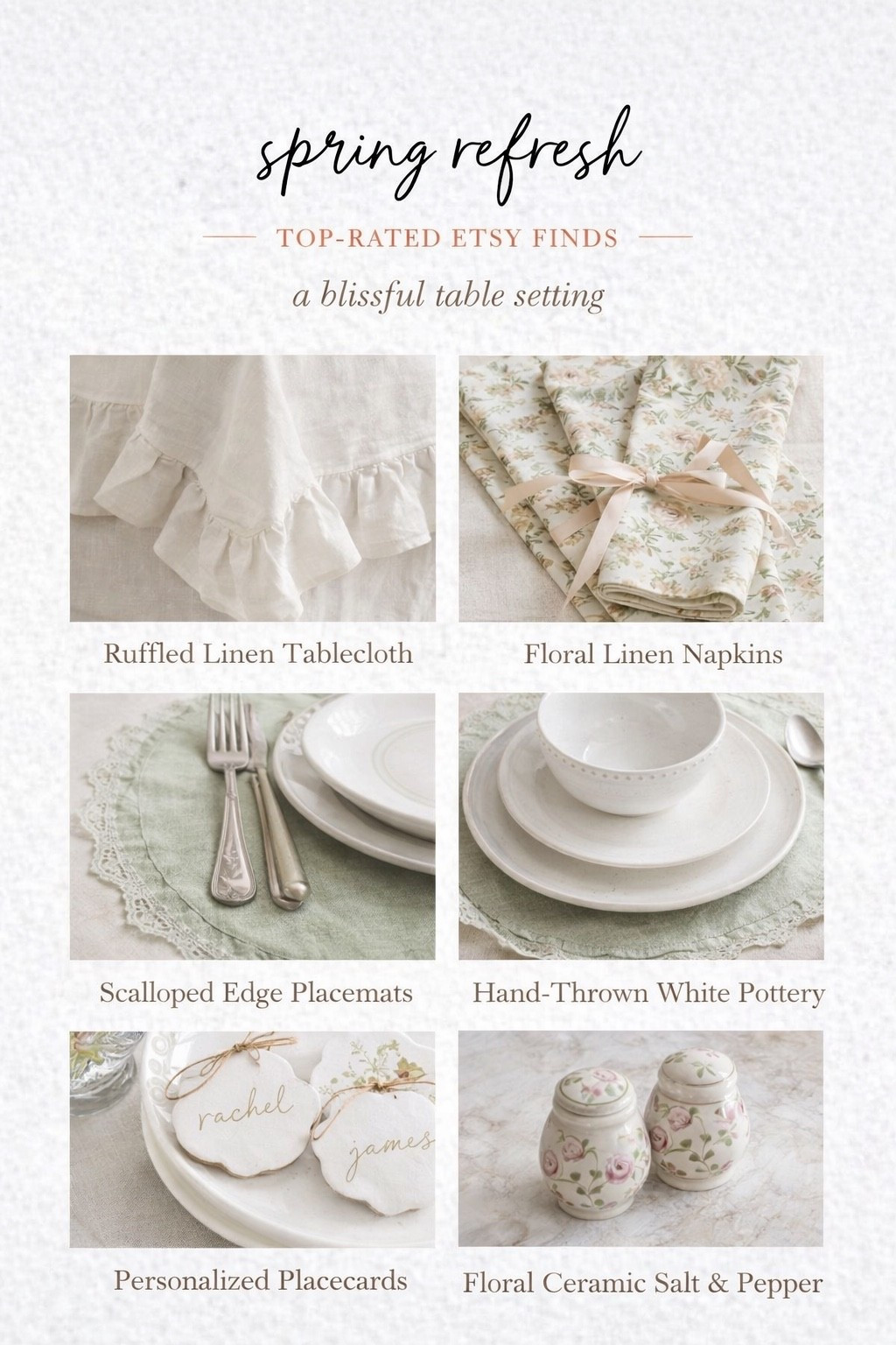 adding a soft spring refresh to our table this season 🤍🌿

i’ve been slowly updating little details around our home, and i love finding pieces on @Etsy that feel special, handmade, and truly one of a kind.

from delicate linen napkins to the prettiest table linens, these are the kinds of pieces that make hosting feel more intentional and cozy… like the kind of table you never want to leave.

i linked a few of my favorite finds here if you’re refreshing your home for spring or planning a simple dinner at home 🤍

#ad #etsy #etsycreatorco