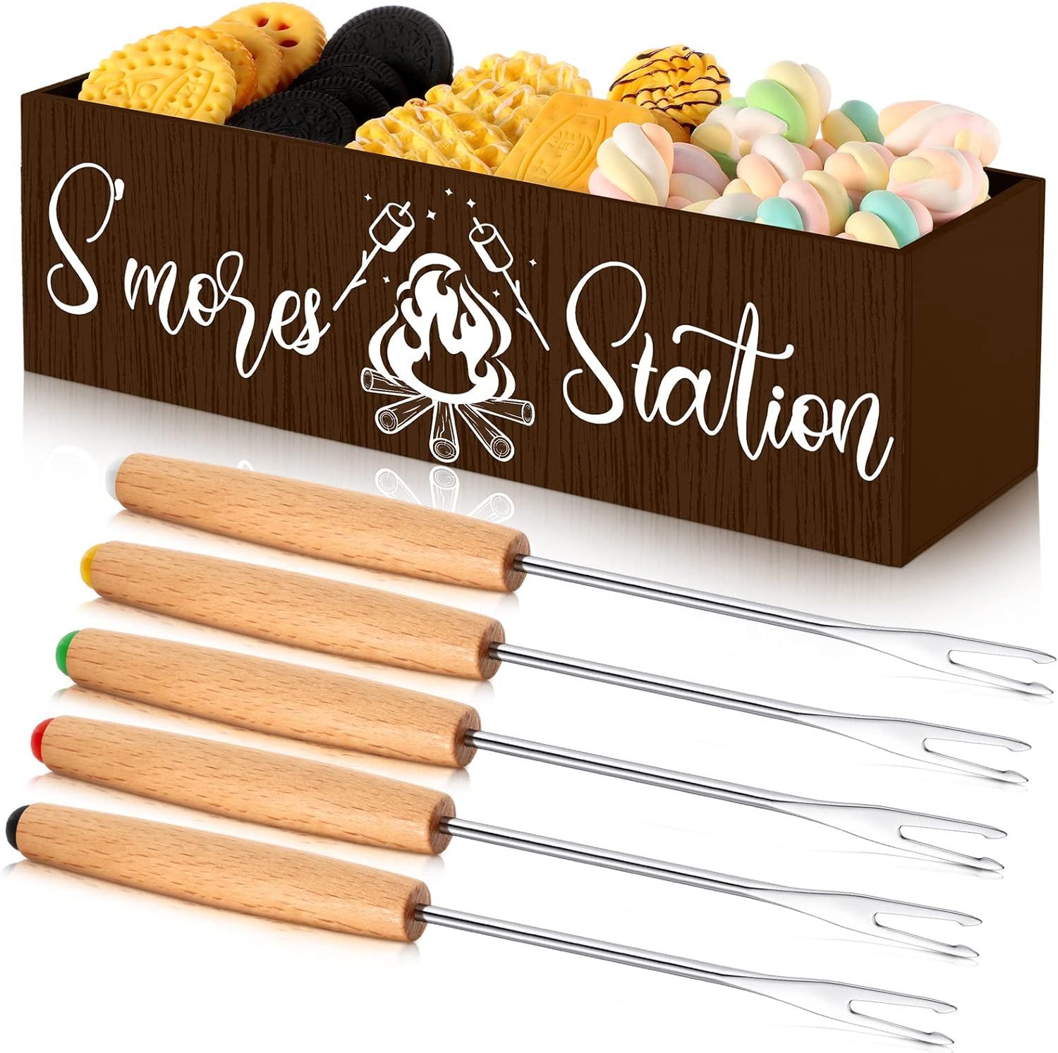 S'mores Station Box Wooden S'mores Bar Holder Smores Kit Smores Box and 5 Marshmallow Roasting St... | Amazon (US)