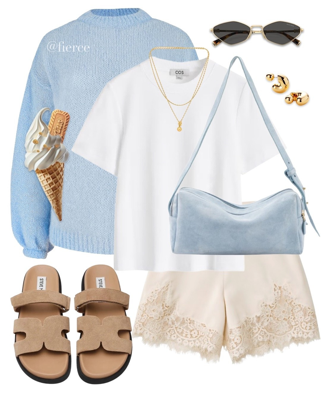 Blue jumper satin lace shorts taupe beige sandals blue suede bag casual weekend look

#LTKuk #LTKspring #LTKsummer
