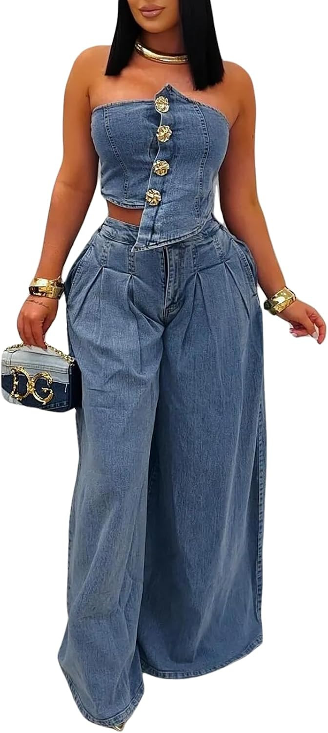 Denim Set for Women 2 Piece Asymmetrical Tube Top Wide Leg Pants | Amazon (US)