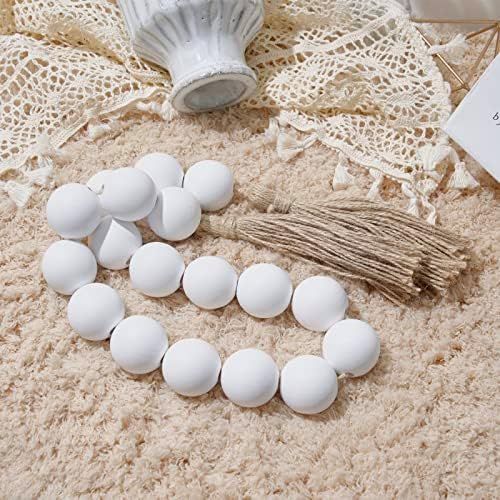 OMISHE Large Wood Bead Garland White with 1.6" Diameter Wooden Beads and Tassels, 41" Long Rustic... | Amazon (US)