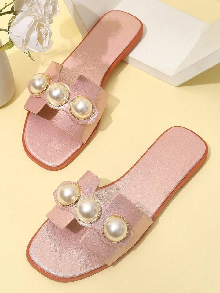 Fashionable Women's Flat Sandals With Pearl Decorated Buckle And Square Toe | SHEIN