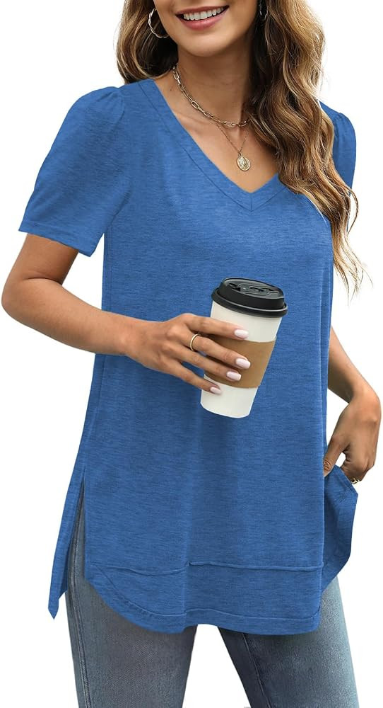 JomeDesign Summer Tops for Women Short Sleeve V Neck Shirts Side Split Loose Casual Tunic Tops | Amazon (US)