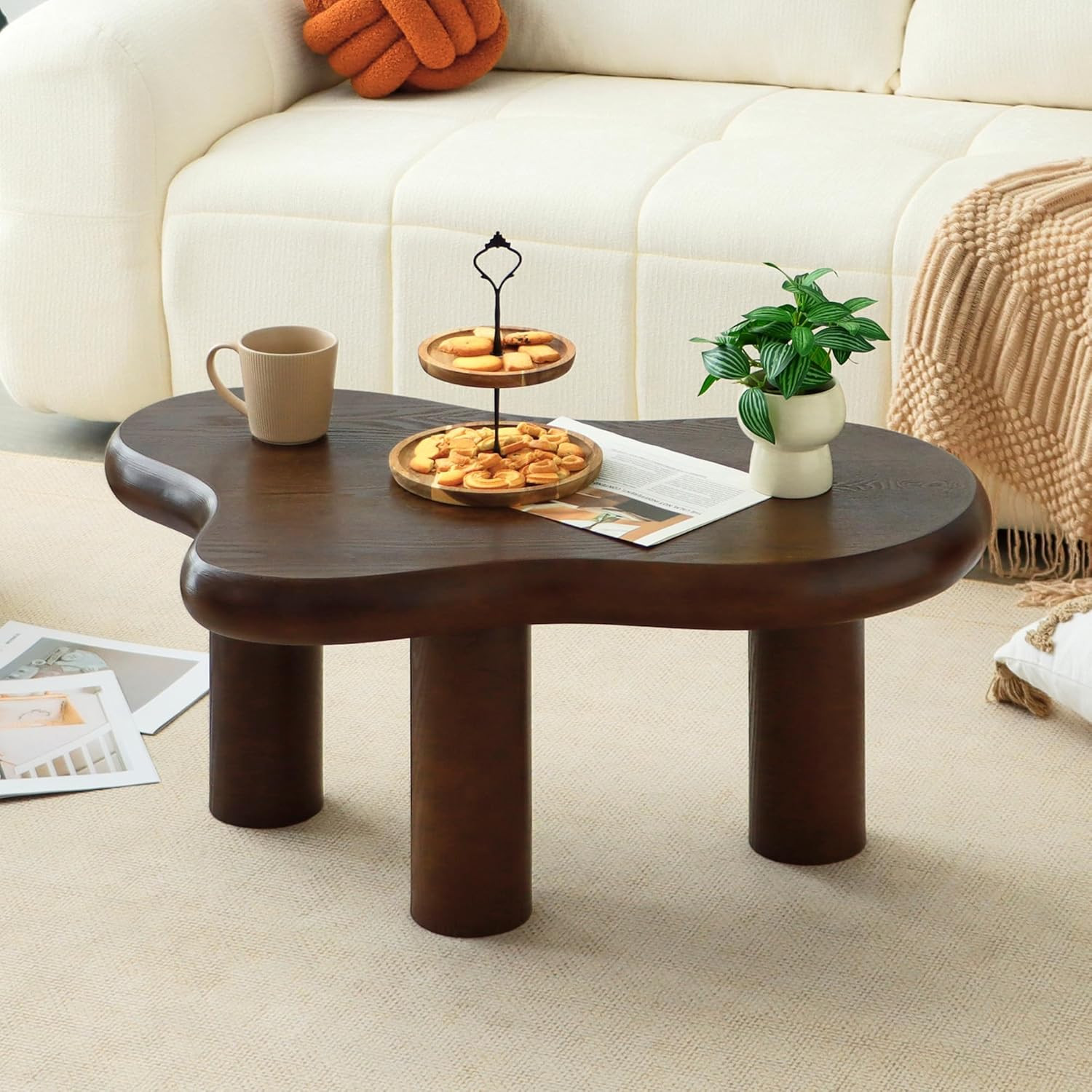 34"(L) Cloud Coffee Table, Modern Wood Coffee Table for Living Room, Accent Center Tables with 3 Legs, Small Tea Tables for Balcony, Patio, Bedroom, Walnut | Amazon (US)