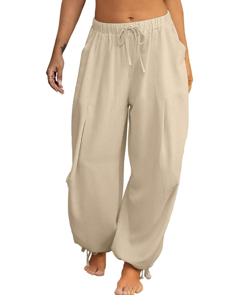 Women Linen Harem Pants Summer Drawstring Casual Lounge Baggy Pant Beach Travel Vacation Trousers... | Amazon (US)