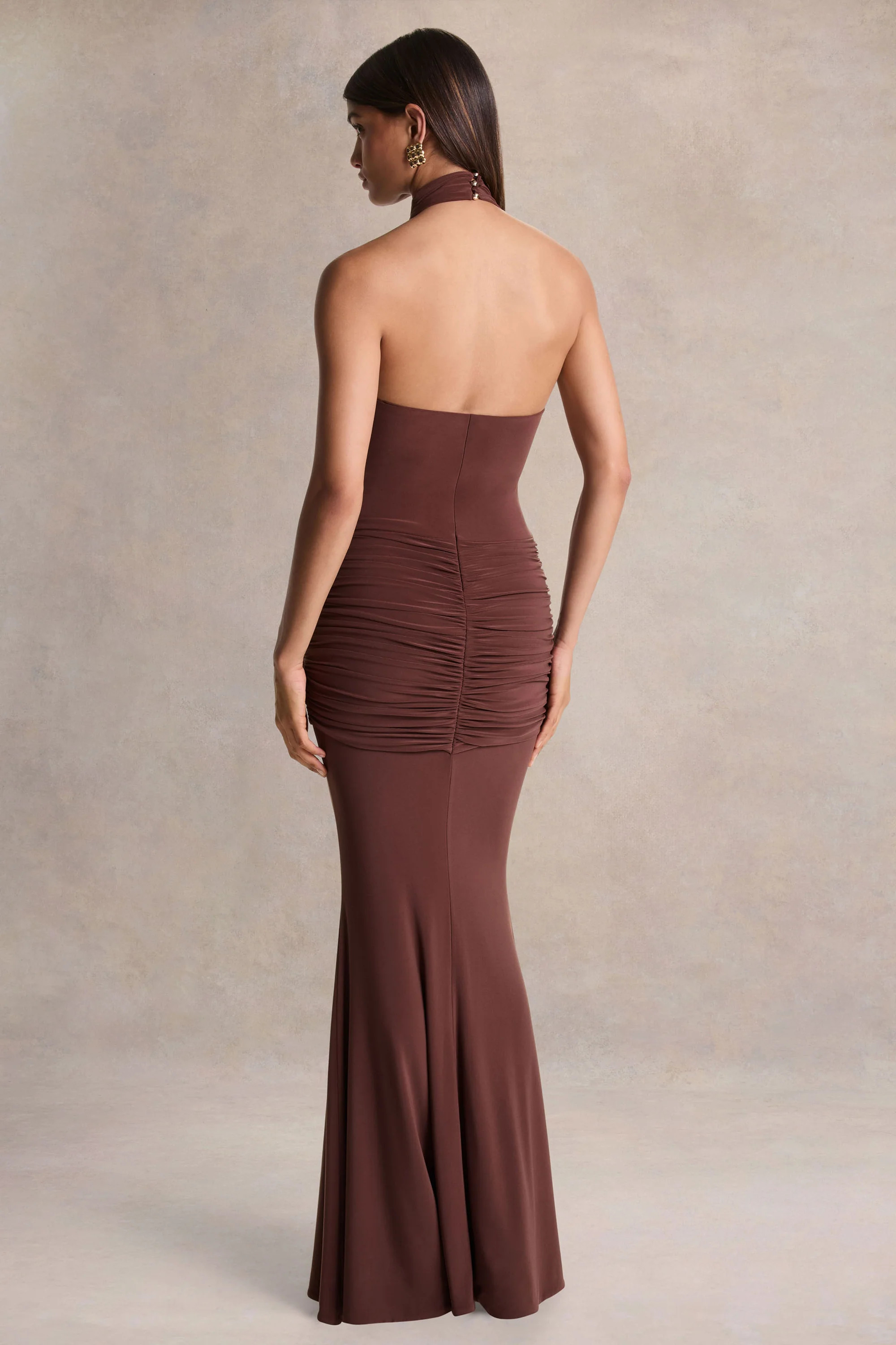 Hyla | Brown High-Neck Maxi Dress With Sash-Detail | Club L London