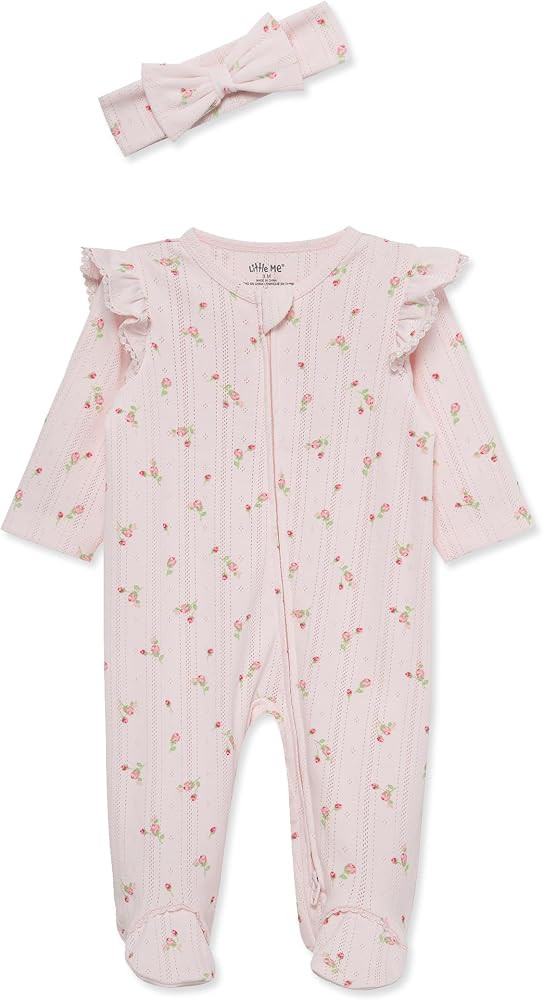 Little Me Baby Girls 100% Cotton Footie and Headband Set, Preemie - 9 Month | Amazon (US)