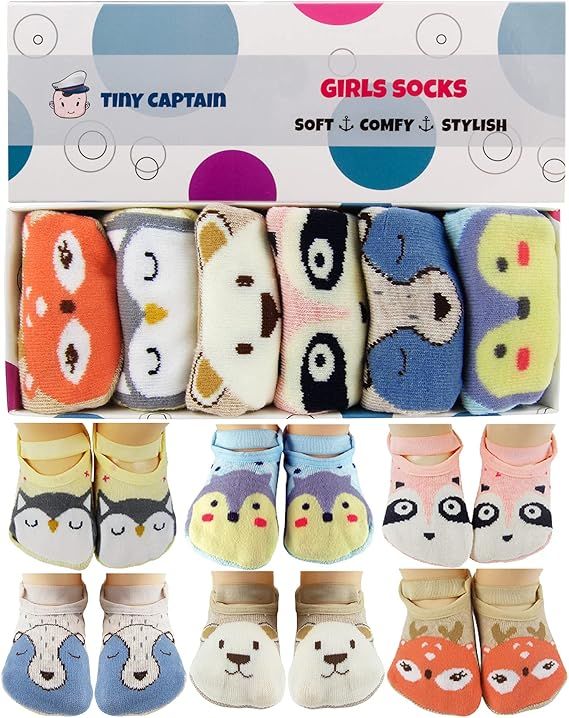 Tiny Captain Baby Toddler Girls Grip Socks Gripper Straps Ages 1-3 Year Old Anti Slip Animal Sock... | Amazon (US)