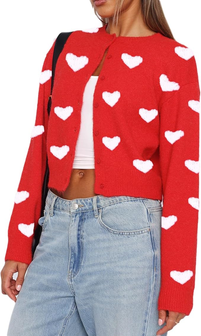 Women Valentine's Day Crop Sweater Cardigan Love Long Sleeve Heart Printed Y2k Button Down Knitte... | Amazon (US)