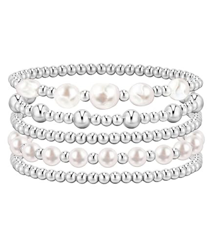 Silver Bracelets For Women Trendy Cute Pearl Beaded Gold Bracelet Stack Set Enewton Dainty Stretc... | Amazon (US)