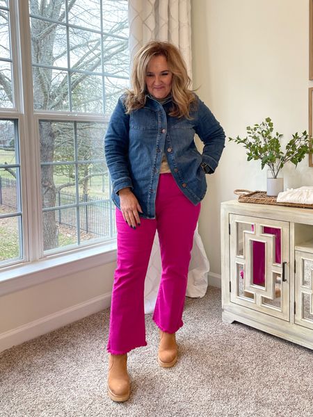 Denim shirt jacket. Stretch. Structure. Great likes that give you a waist. Doesn’t look sloppy. I’m in a size 2.0. 

Linking similar pink or red pants/jeans that’ll work great with this look!

Oatmeal ruffle trim mock turtleneck. Great with a bright color and denim. Perfect neutral. I’m in a L. Code NANETTE10 for 10% off. 

70s inspire boots! TTS. 
#competition 

#LTKSeasonal #LTKFind #LTKsalealert