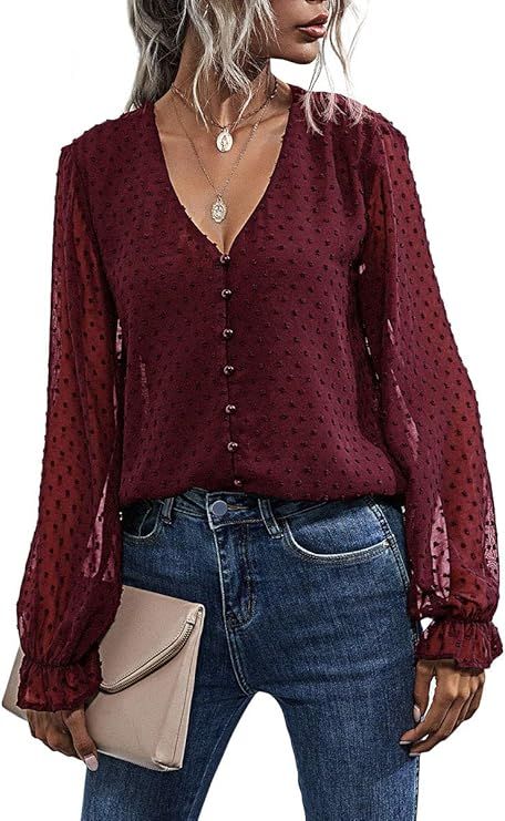 Romwe Women's Long Sleeve Top See Through Mesh Back Button Down Blouse Shirts | Amazon (US)