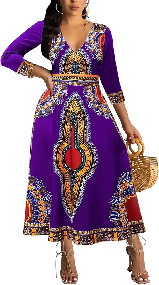 African Long Dresses for Women Elegant Church Dresses Print Maxi Dress High Waist Cocktail Bohemi... | Amazon (US)