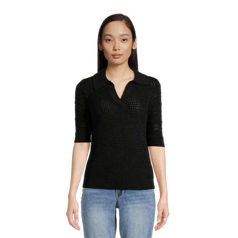 Time and Tru Women's Midweight Polo Sweater with Elbow Length Sleeves | Walmart (US)