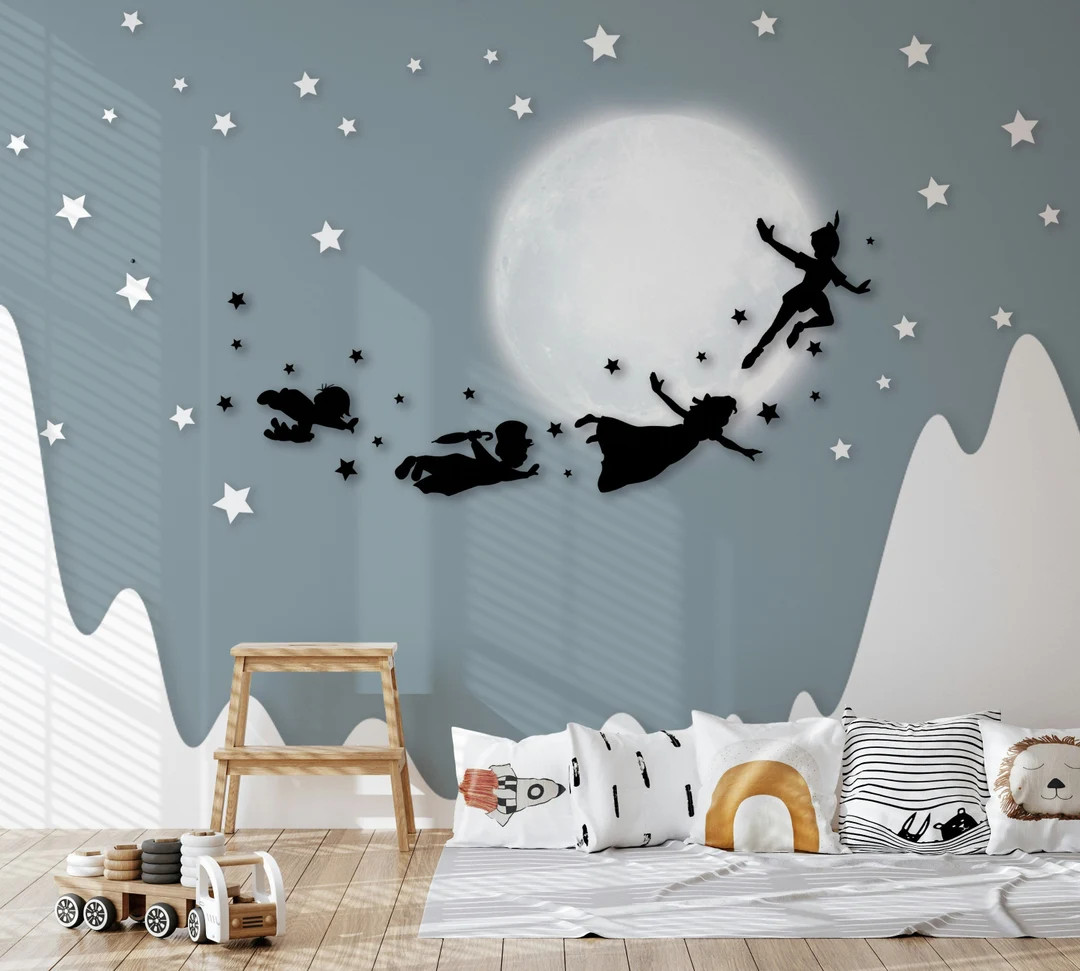 Peter Pan Silhouette Flying with Friends Stars Moon Mountain Wallpaper Self Adhesive Peel and Sti... | Etsy (US)