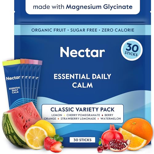 Nectar Calm Magnesium Glycinate Drink Mix - Sugar Free & Zero Calorie - with Organic Ashwagandha, Vitamin D, L-Theanine, Electrolytes - Deep Sleep, Relax, Focus & Calm - Non-GMO (Variety 30 Sticks) | Amazon (US)