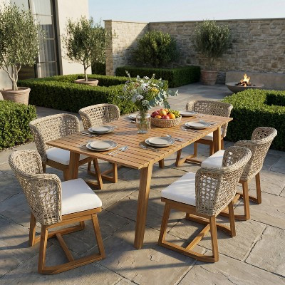 Christopher Knight Home Grinu Modern 7 Piece Patio Acacia Dining Set with Slatted Table and Wicker Back, Teak/Beige | Target
