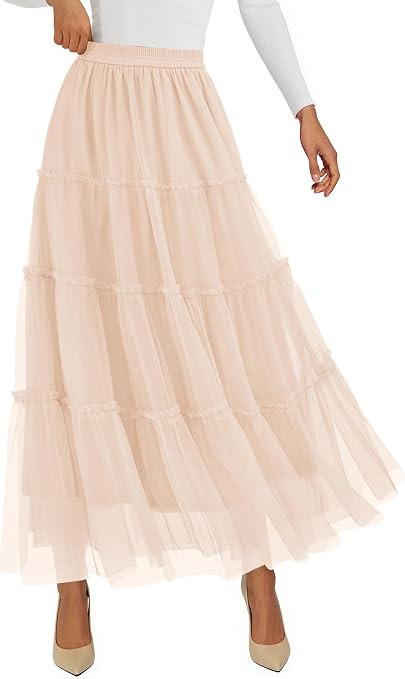 PRETTYGARDEN Women's Fall Soft Tulle Tiered Long Skirt | Elastic High Waist Ruffle, Lightweight F... | Amazon (US)