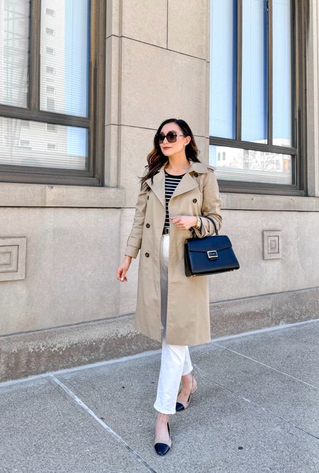 Classic spring outfit ❤️

Trench coat (linked similar)
Black and white striped shirt size xs, size down for fitted look 
White jeans (linked similar)
Cap toe flats size 7, initially tight in toe box but now slightly too big 

Smart casual 
Neutral outfit 


#LTKstyletip #LTKitbag #LTKSeasonal