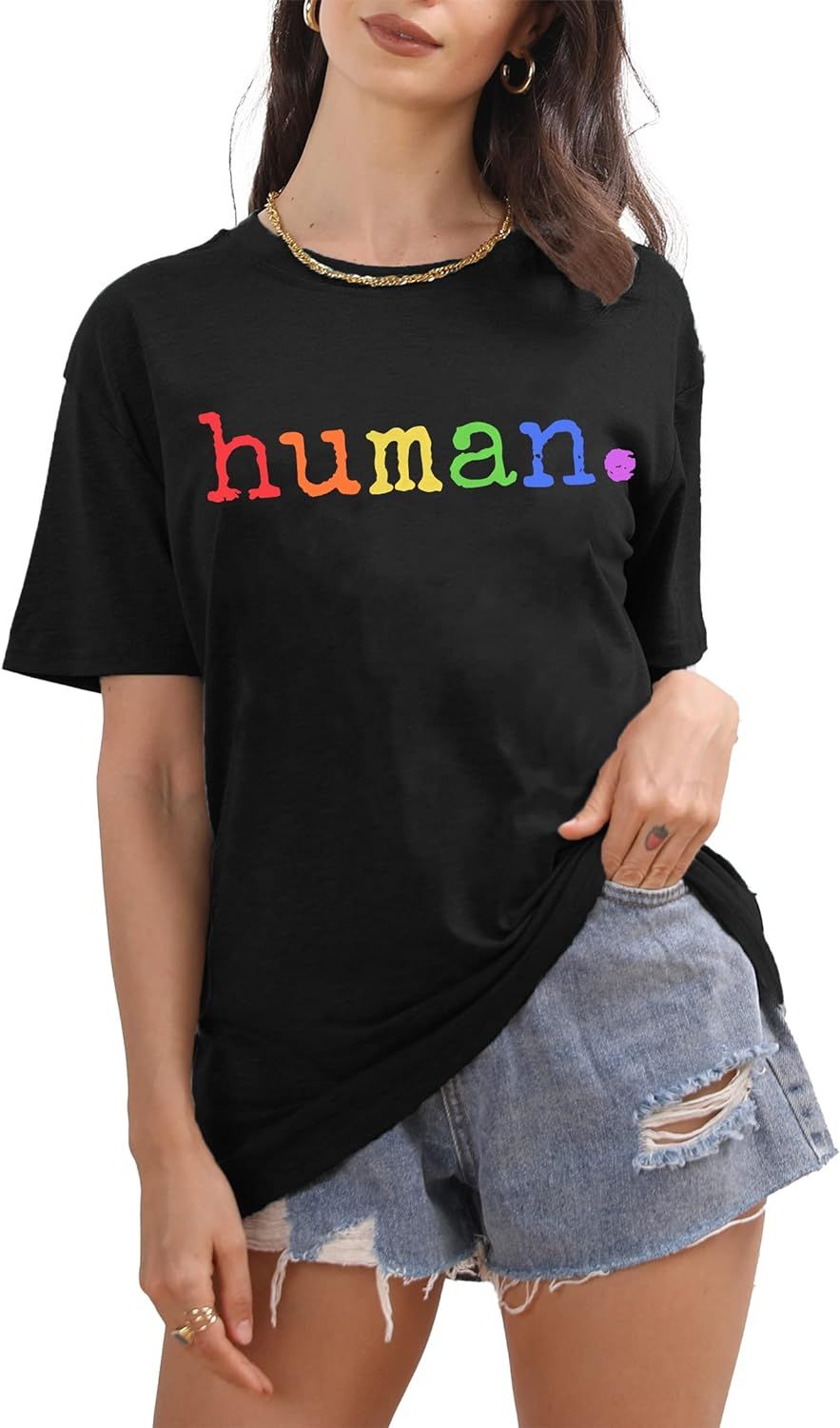 Pride Shirts for Women Human LGBT T-Shirt Rainbow Graphic Tee Shirt LGBTQ Equality Blouse Tops | Amazon (US)