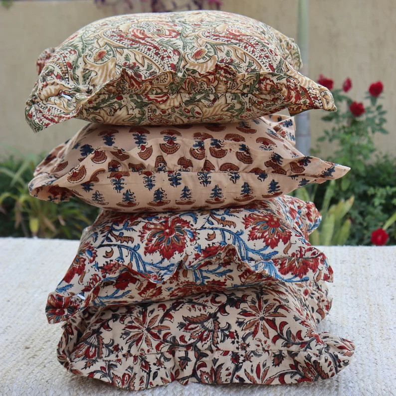 Hand Block Floral Pillow Covers Throw Pillows Hand Blocked Boho Cushion Cover Decorative Cotton P... | Etsy (US)