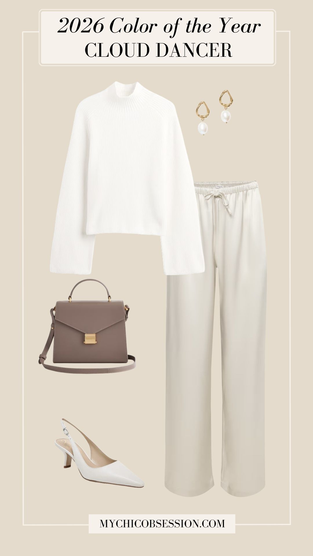 The 2026 Pantone Color of the Year is Cloud Dancer! Style a chic winter outfit with the tranquil off-white shade by pairing a cozy turtleneck with satin pants, pearl earrings, a top-handle bag and white heels.  

 #LTKSeasonal