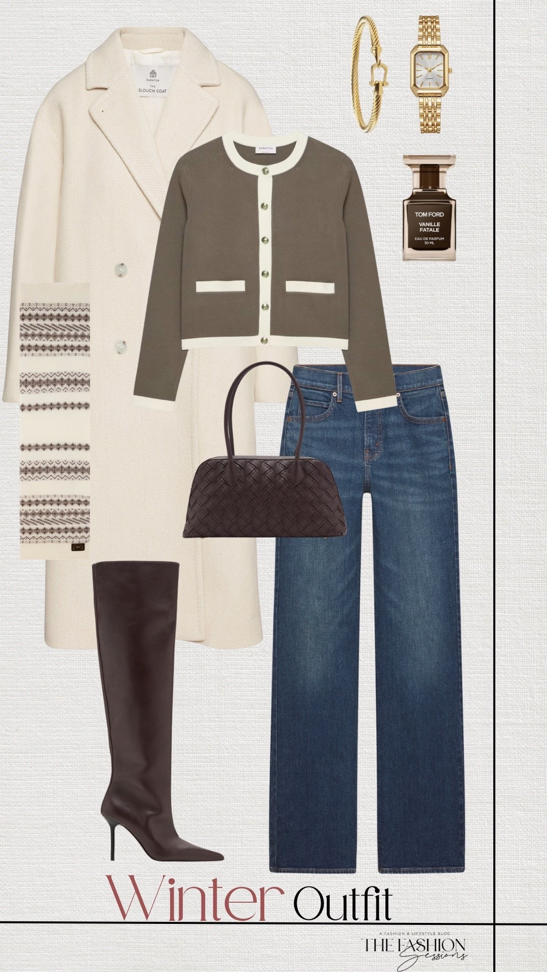 Winter Outfit | Cream Long Coat | Button Up Sweater | Denim Jeans | Knee High Boots