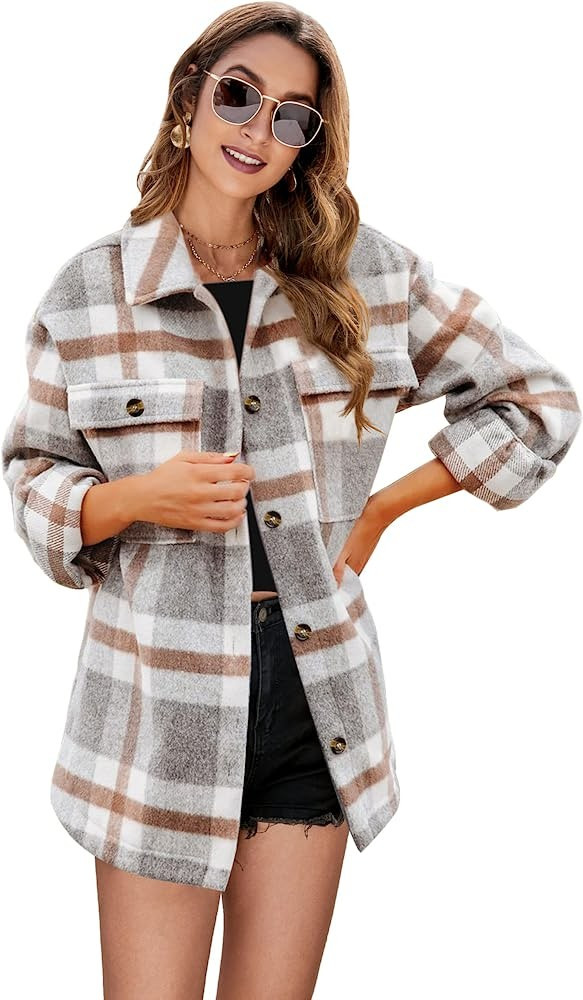 Omoone Women's Casual Plaid Wool Blend Shacket Coat Button Front Brushed Flannel Shirt Jacket Tops | Amazon (US)